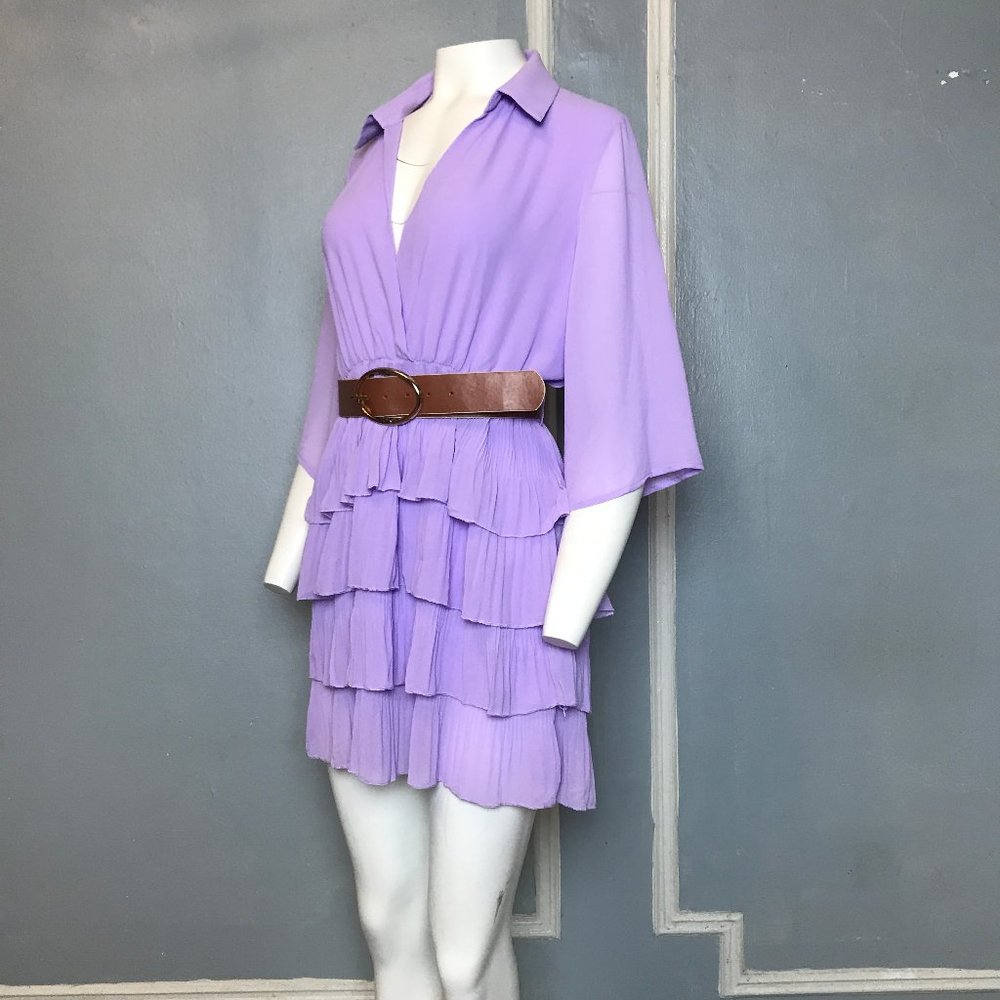 🍀 ZARA PLEATED RUFFLED LILAC DRESS WITH BELT_8